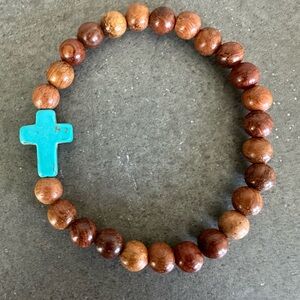 Wooden Bead Bracelet with Turquoise Cross